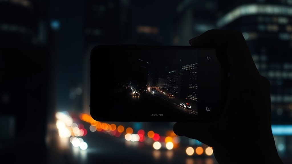 어두운 도시 야경을 배경으로 스마트폰 카메라가 빛을 받아들이는 추상적인 모습