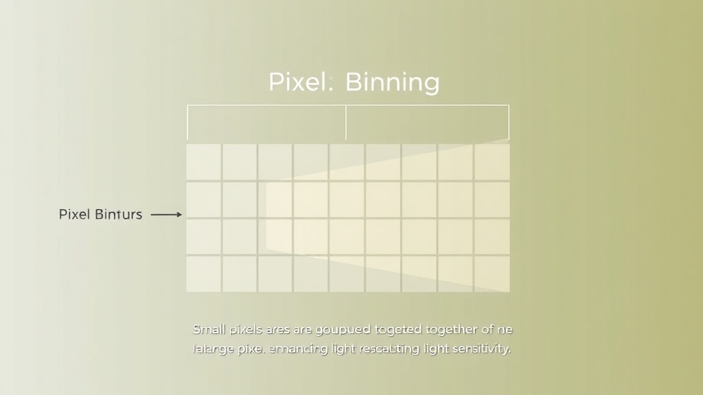 여러 개의 작은 픽셀이 하나의 큰 픽셀처럼 작동하여 빛을 받아들이는 픽셀 비닝 기술의 원리 도식화