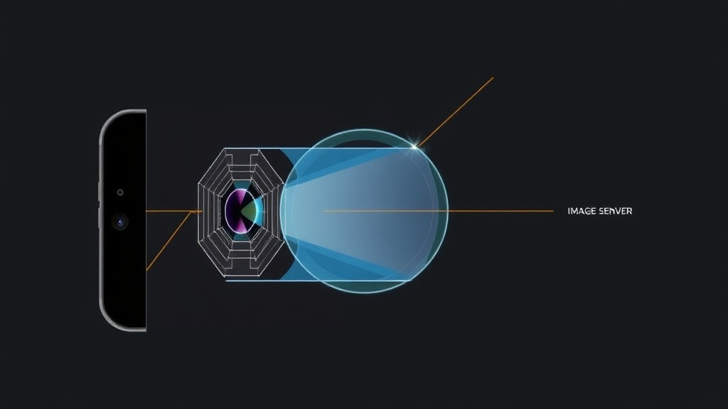 스마트폰 카메라 렌즈의 단면도를 통해 빛이 렌즈를 통과하여 이미지 센서에 맺히는 광학적 구조를 설명하는 다이어그램