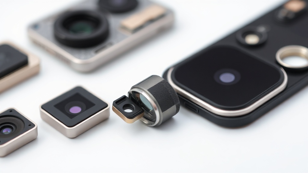 다양한 크기의 스마트폰 카메라 센서 모듈과 렌즈 구조를 시각적으로 비교하는 모습